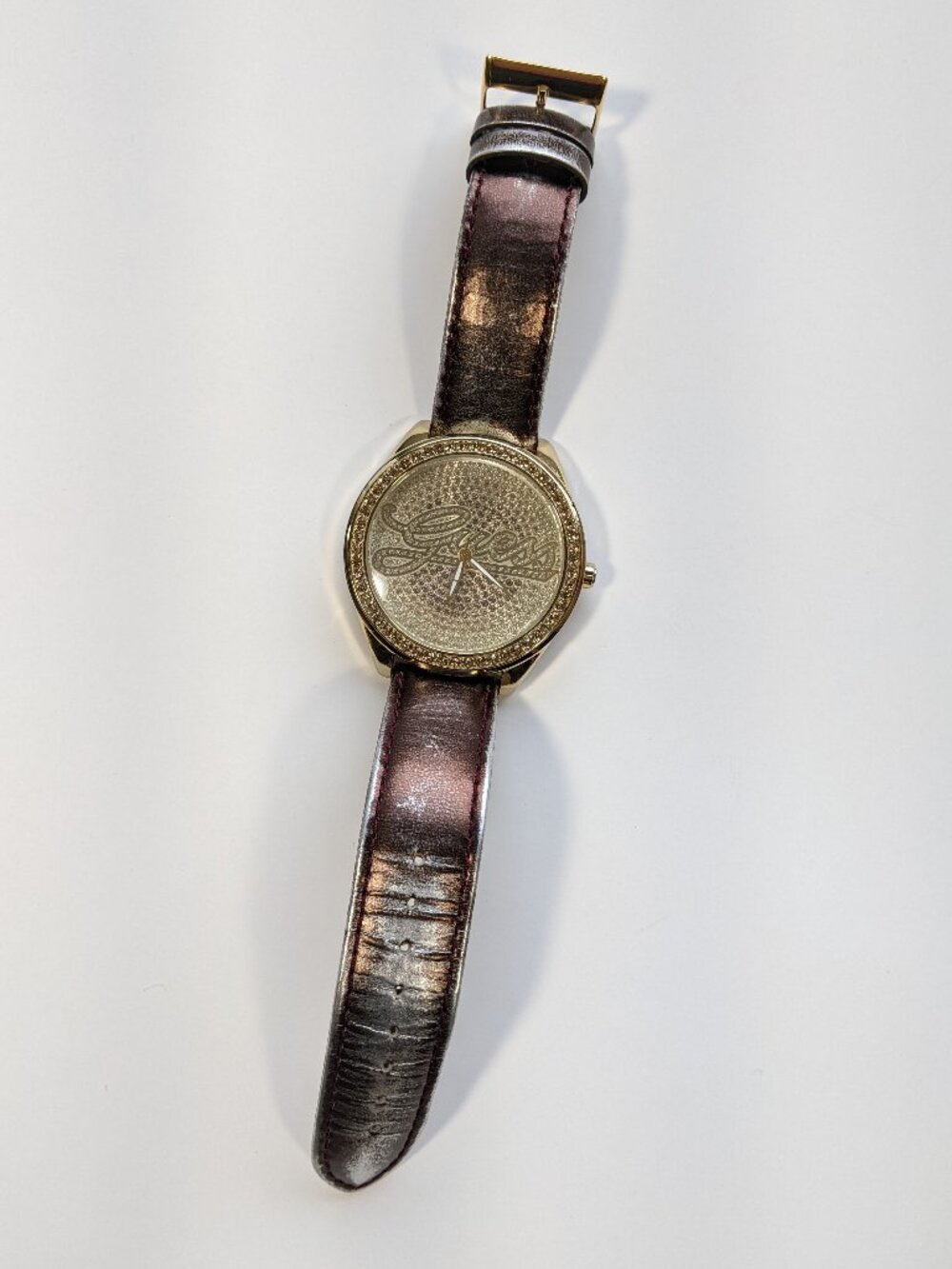 Guess Designer Watch Women's 45mm Gold Tone Rhinestones Bling WORKS - READ